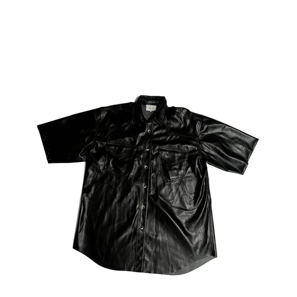 Nanushka Button Front Faux Leather Shirt in Black